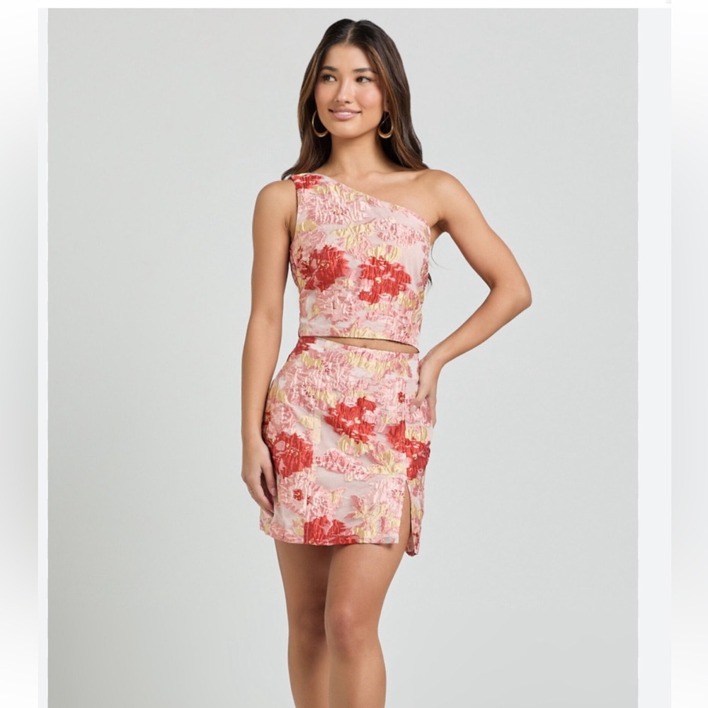 Showpo Pink and Red Floral One-Shoulder Dress